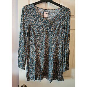 NWOT So Goods For Life Blue Floral Long-Sleeve Tunic Dress L Whimsy Romantic Boh